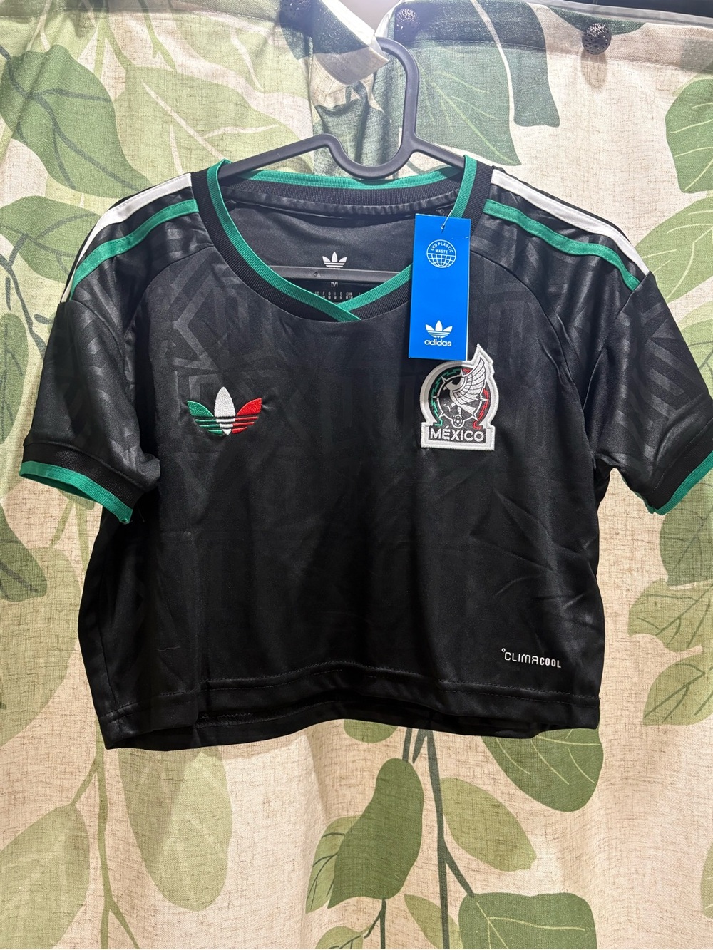 adidas Black Crop Soccer Top with Green Trim and Mexico Crest